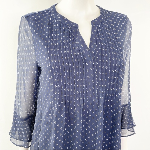 Charter Club Top Blue Floral Pleated Chiffon Blouse with 3/4 Sleeves Size S - Picture 7 of 11